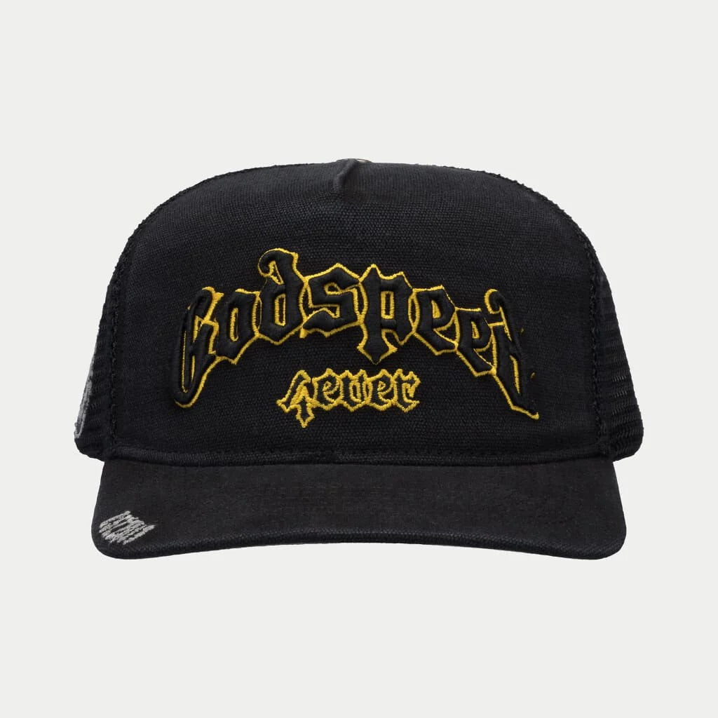 baseball hat world -  GODSPEED Forever All Black/Yellow Outline Trucker Hat