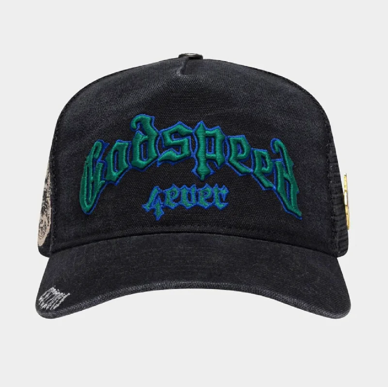 baseball hat name -  GodSpeed Forever Trucker Hat (Black Washed/Green)