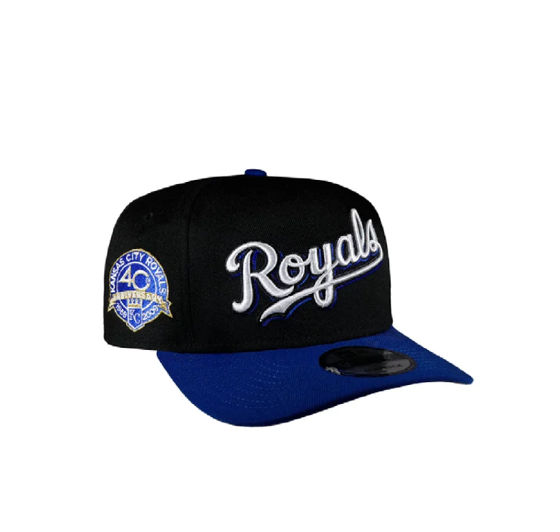 baseball hat twist -  Kansas City Royals Black & Royal Script 950 AFrame Snap Back