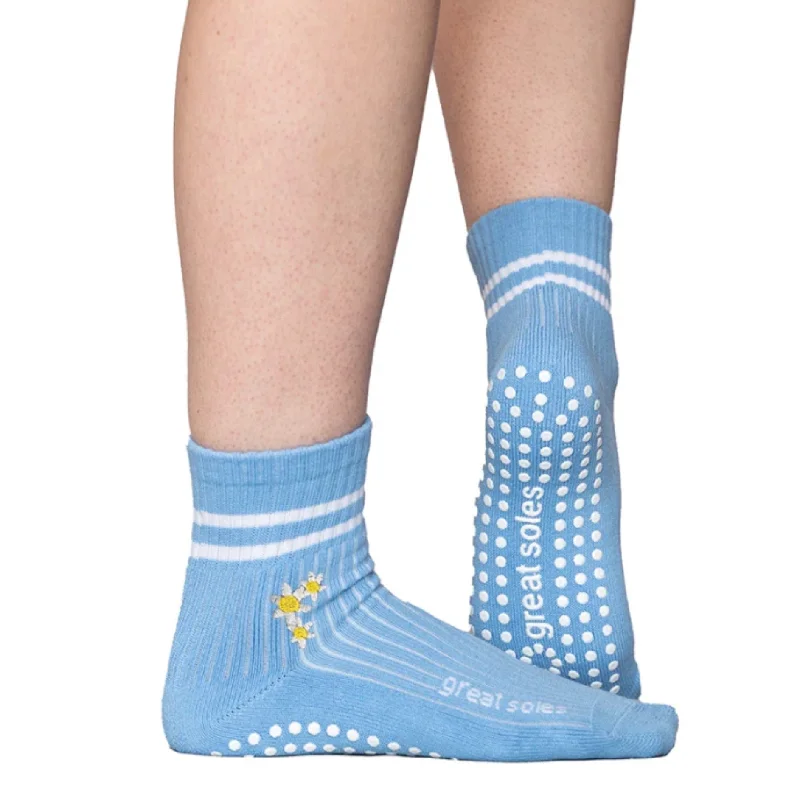 sock offers hiking -  Greer Crew Grip Sock - Blue White Daisy Flower Embroidery - (Barre / Pilates)