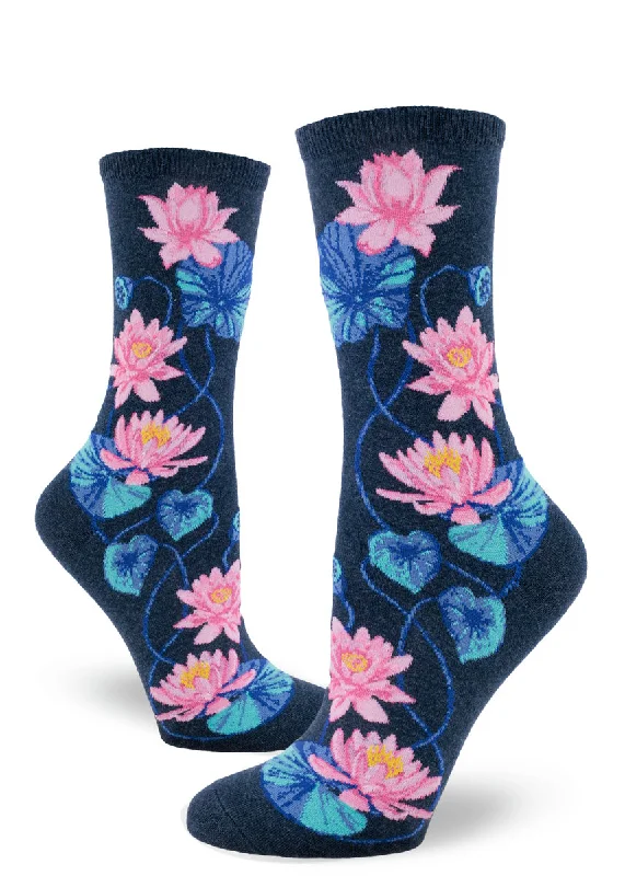 sock warranty running -  Lotus Flowers Women's Crew Sock in Heather Navy