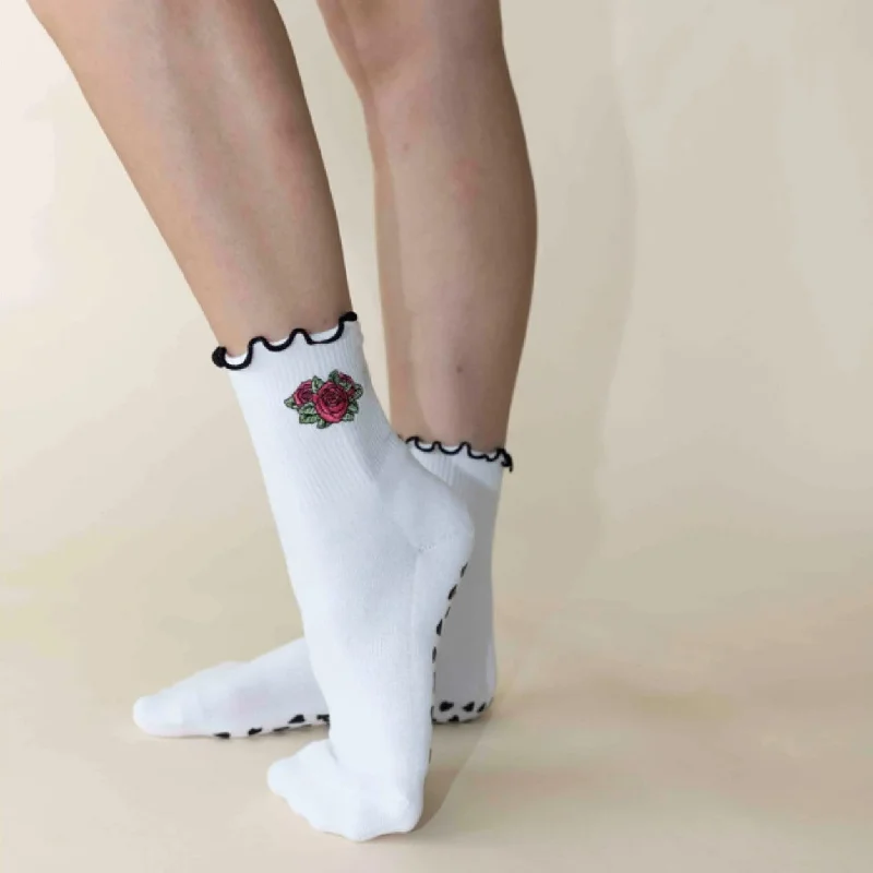 sock designs hiking -  Embroidered Rose Lettuce Trim - Grip Sock (Barre / Pilates)